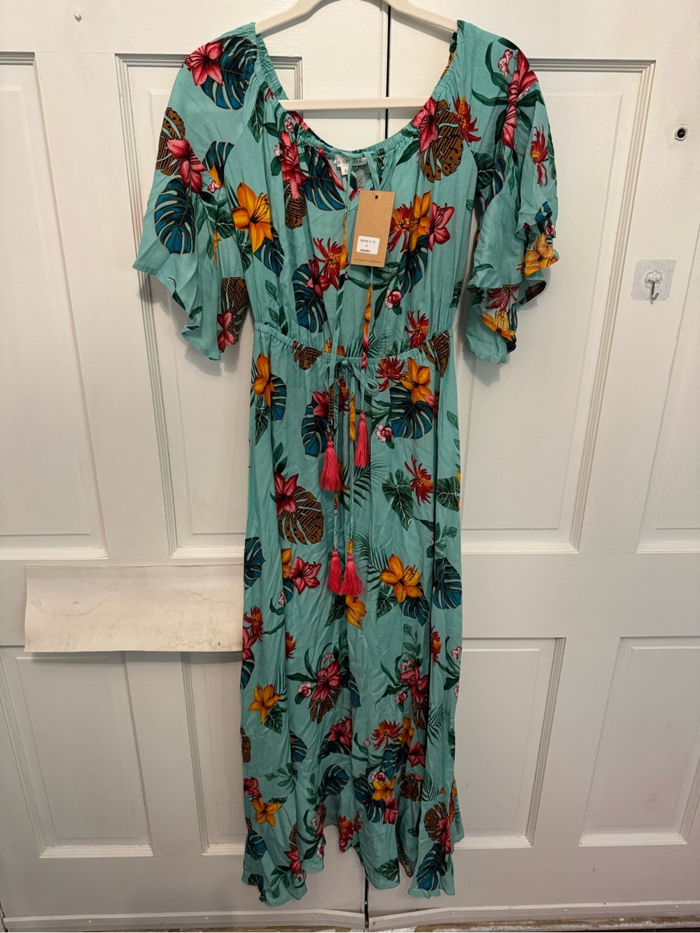 Tropical Floral Maxi Dress in Aqua with Pink & Yellow Flowers